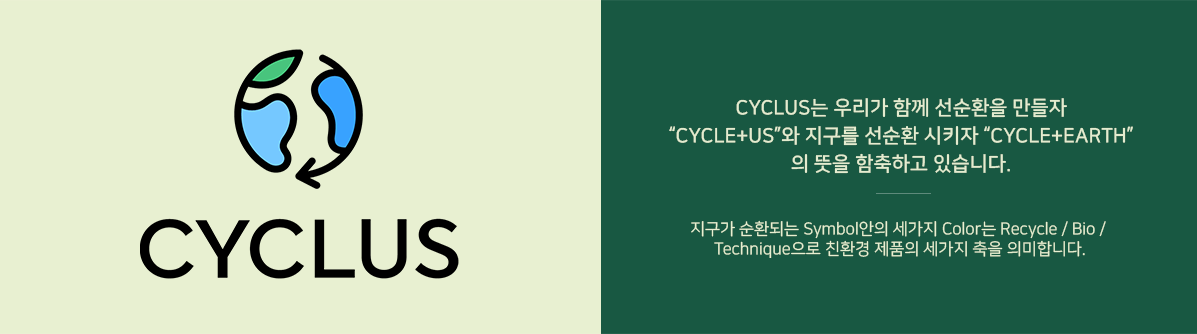 CYCLUS 로고 이미지 / CYCLUS는 우리가 함께 선순환을 만들자 CYCLE+US와 지구를 선순환시키자 CYCLE+EARTH의 뜻을 함축하고 있습니다. 지구가 순환되는 Symbol안의 세가지 Color는 Recycle/Bio/Technique으로 친환경 제품의 세가지 축을 의미합니다.